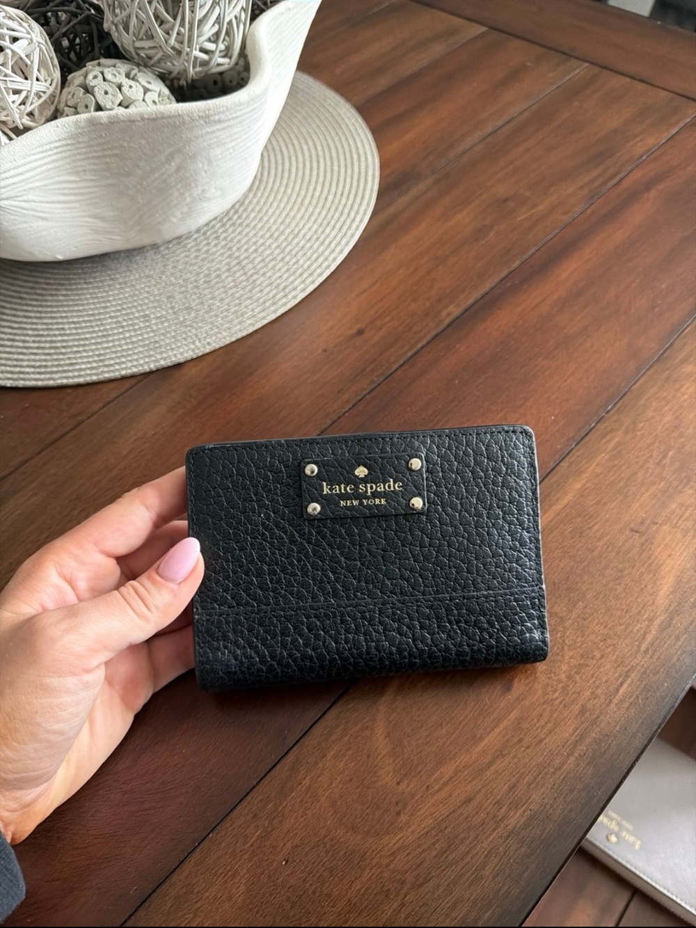 kate spade Black Pebbled Leather Card Holder with Gold Logo Plate